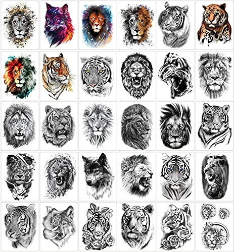 30Pcs Lion Wolf Tiger Animal Half Arm Sleeve Temporary Tattoo
