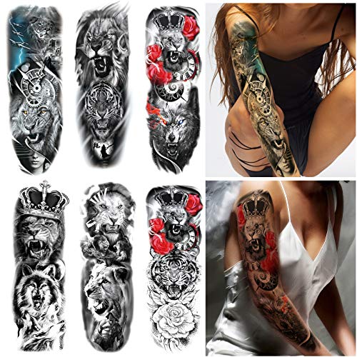 6 Sheets PADOUN Lion Tiger Temporary Tattoos Sleeve Full Arm