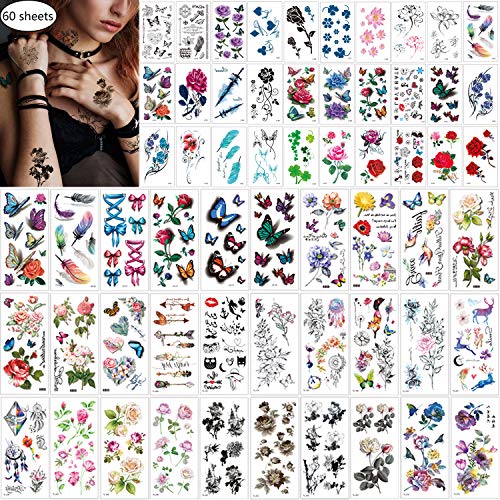 60 Sheets Waterproof Butterfly Flower Temporary Tattoos Stickers for WomenMultiple