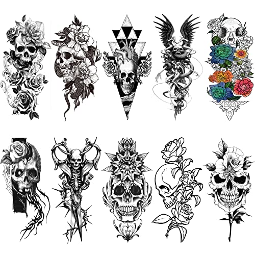 Briyhose 10 Sheets Skull Flower Temporary Tattoos For Women Adult