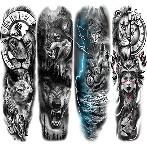 Briyhose Lion Wolf Temporary Tattoo Sleeve Large Full Arm Animal