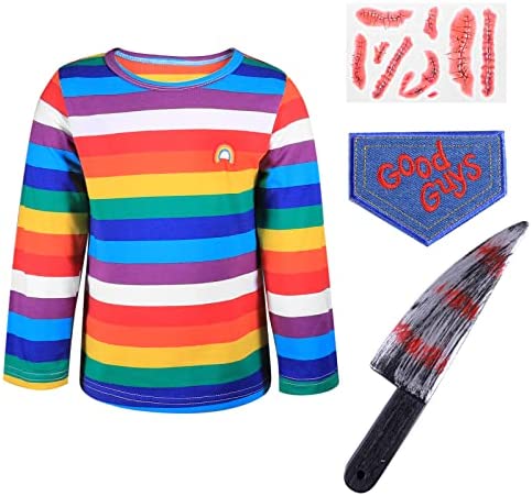 Halloween Chucky Costume for Kids Rainbow Striped Shirt Fake Knife
