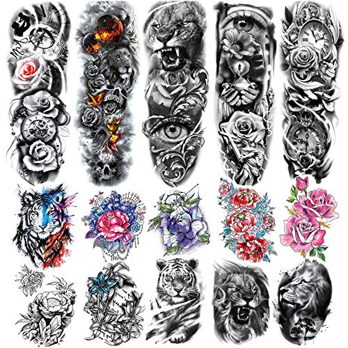 Kotbs 15 Sheets Flower Lion Tiger Temporary Tattoo Sleeve Include